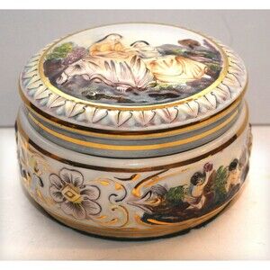 Capodimonte Made in Italy Vintage Hand Crafted Round  Trinket Box Ornate Trim
